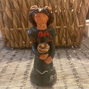 Vintage Dominican ? Faceless Female Figure Green Dress Holding Flowers Signed RD